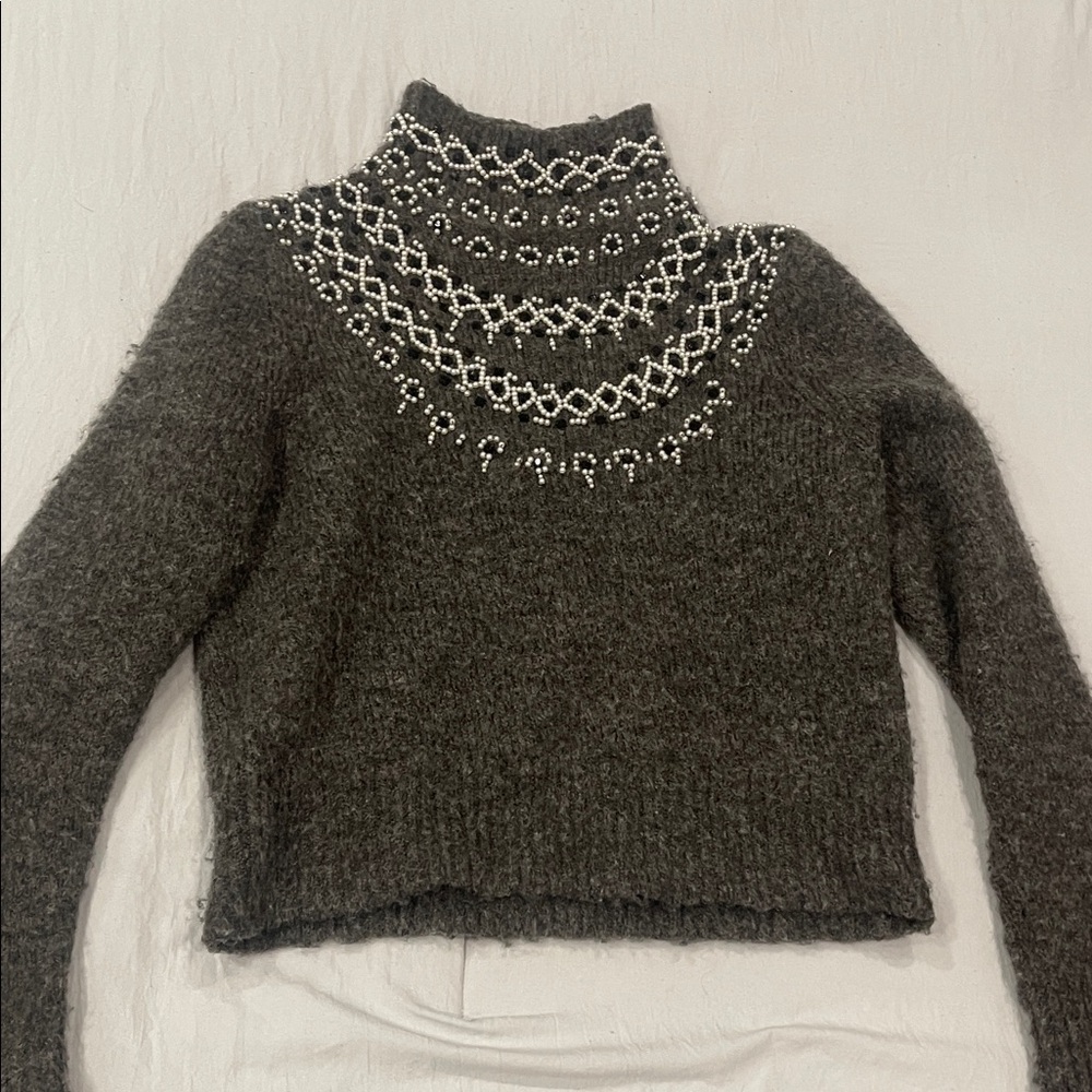 Zara Dark Gray Turtleneck Sweater with Beaded Yoke